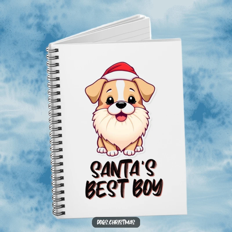 Funny Dog Notebook with a dog wearing a Santa beard and barking playfully, ideal for jotting down holiday ideas.