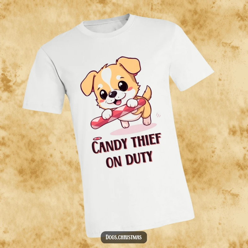 Funny t-shirt depicting a small dog with excitement chasing a rolling candy cane, embodying holiday spirit.