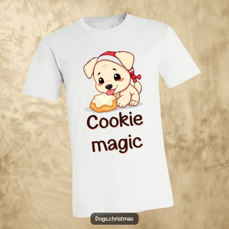 Funny Kawaii Dog T-Shirt: A dog enjoys a glowing Christmas cookie, capturing the funny essence of holiday treats.