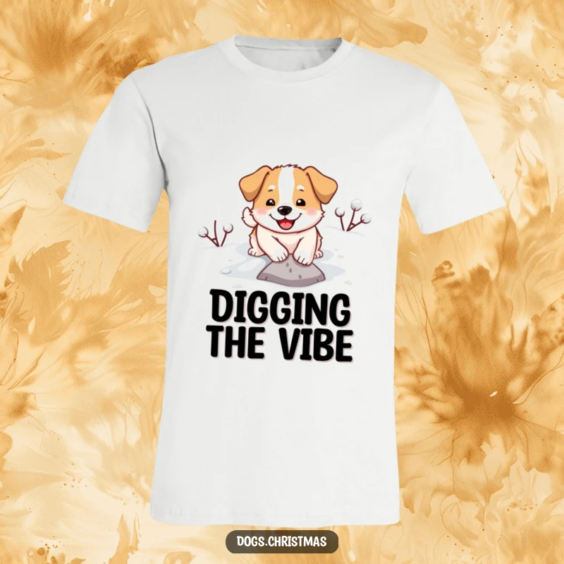 Funny t-shirt with a smiling dog enthusiastically digging in a snowy field, capturing winter's playful spirit.