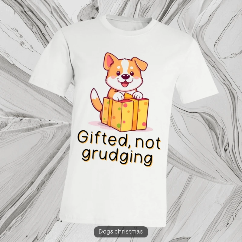 Funny dog t-shirt, cute wagging tail, unwrapping a brightly colored gift with excitement, joyful and fun.