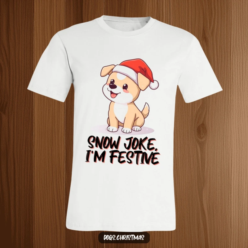 Funny dog t-shirt of a cute pup in a Santa hat, wagging tail in falling snow, festive and cheerful.