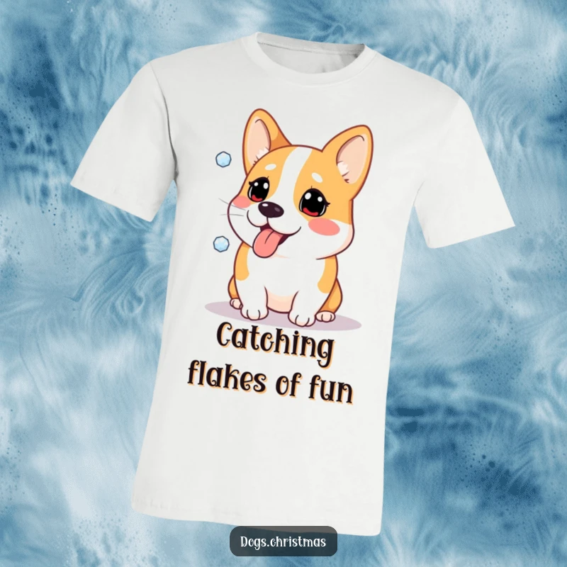 Funny t-shirt with a Corgi dog comically attempting to catch snowflakes on its tongue, celebrating winter joy.