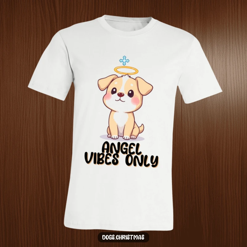 Funny Dog Halo T-Shirt featuring a surprised dog with a halo and a falling snowflake, a humorous gift.