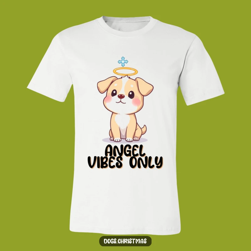 Funny Dog Halo T-Shirt: Hilarious Surprised Pup Wearing a Halo with Snowflake Art