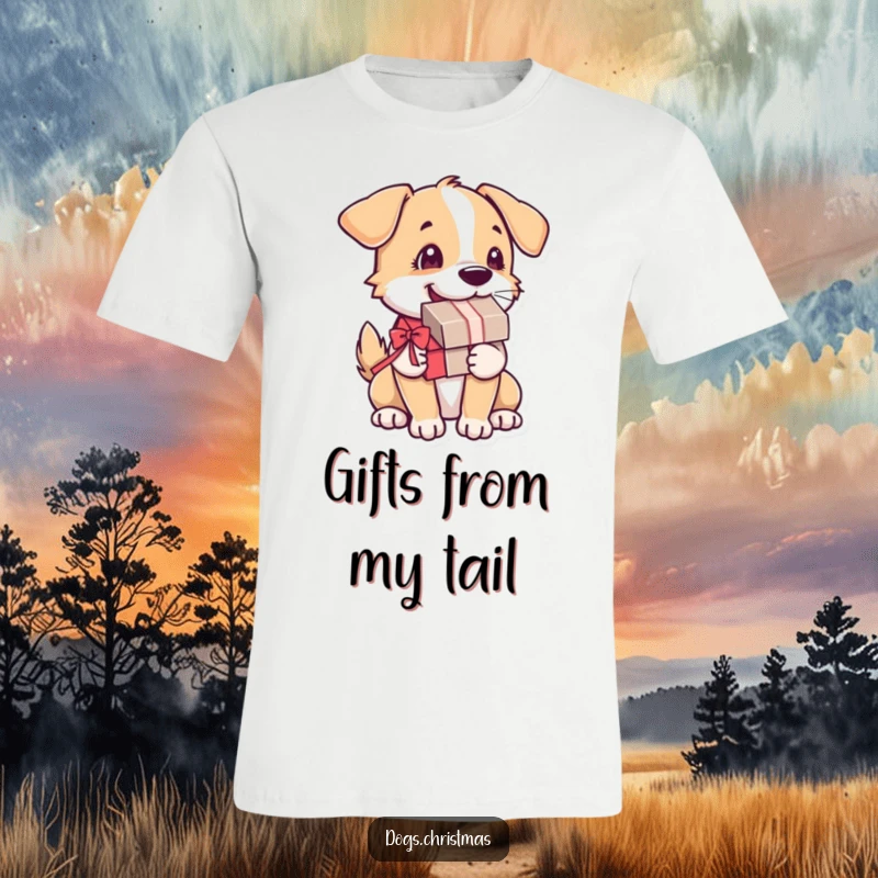 Funny Dog T-Shirt: A dog carries a present with its mouth, its tail a happy blur, embodying pure excitement and love.