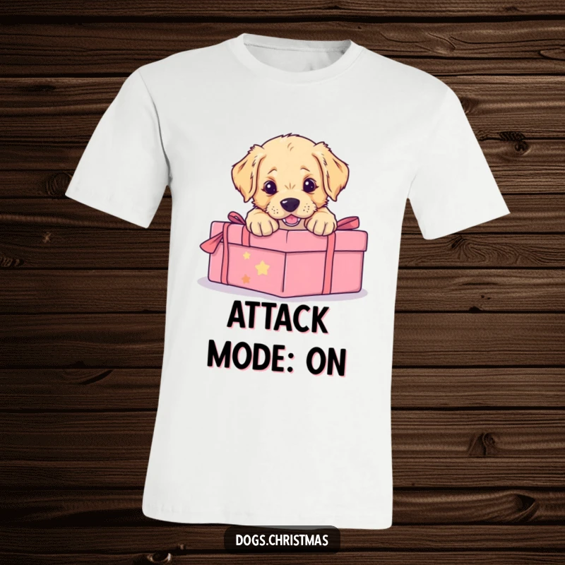 Funny t-shirt with a golden retriever puppy mid-pounce on a festive wrapped gift, capturing pure, unadulterated puppy joy and holiday spirit.