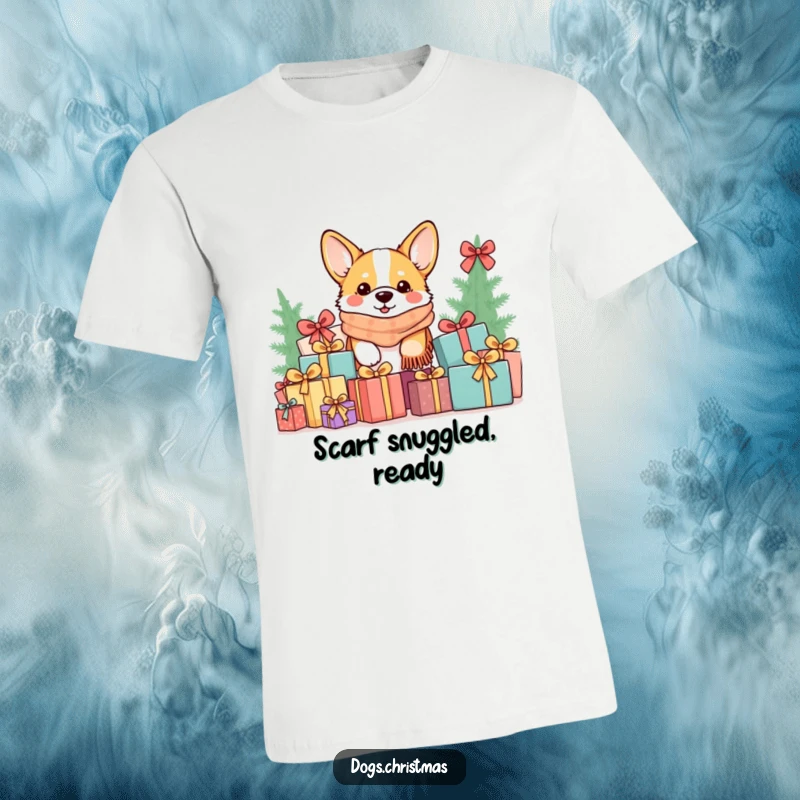 Funny Kawaii Corgi T-Shirt: A corgi with a cozy scarf peeks from a gift pile, a humorous and charming holiday tee.
