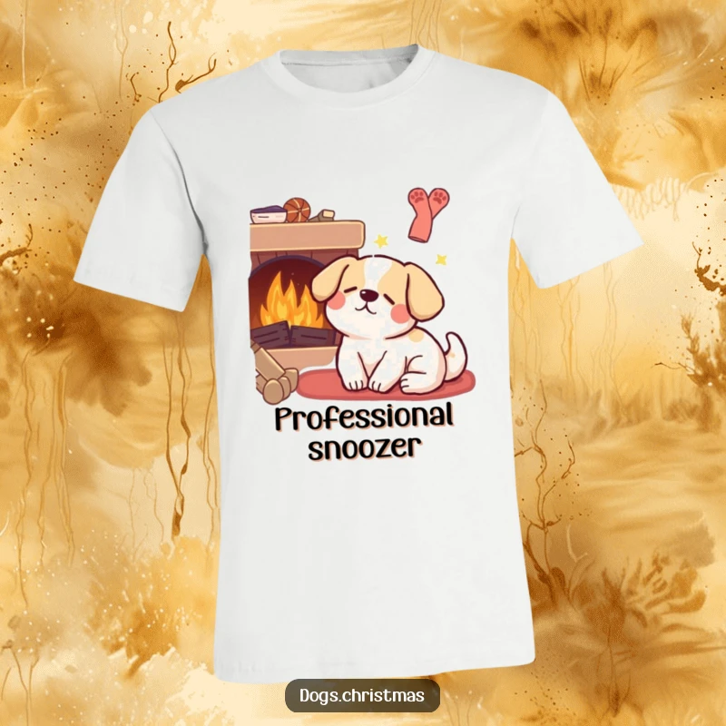 Funny Kawaii Dog T-Shirt: A charming dog naps near a warm fireplace, dreaming sweetly, embodying ultimate relaxation and cuteness.