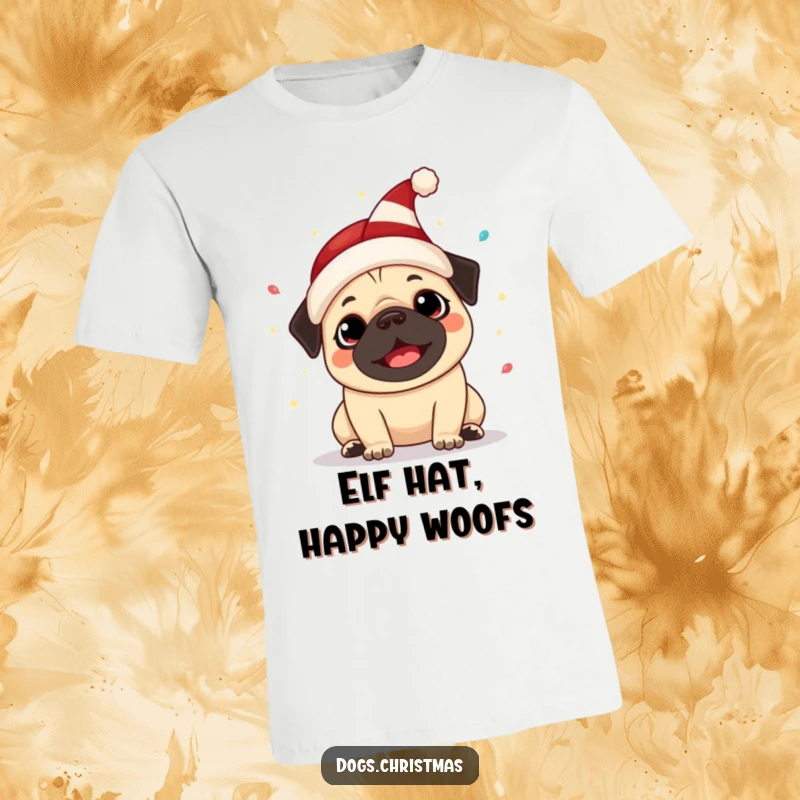 Funny Kawaii Pug T-Shirt: A happy pug in an elf hat barks amidst sparkling festive lights, a cute and funny holiday design.