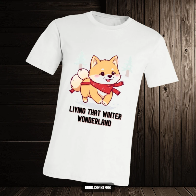 Funny Kawaii Shiba Inu T-Shirt: A cute dog in a festive bandana happily bounding through pristine white snow, spreading winter cheer.