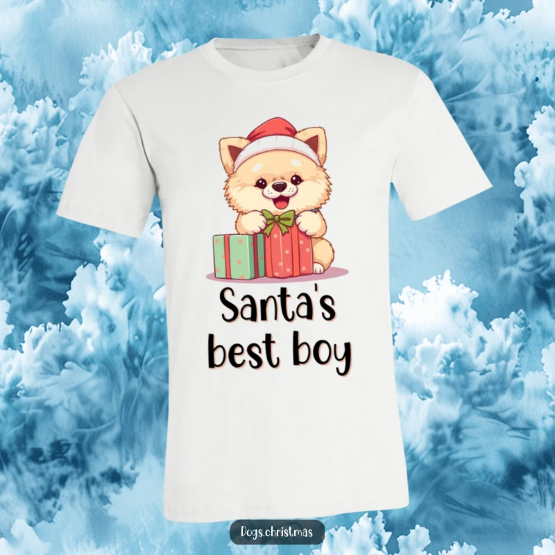Funny Santa dog t-shirt with a fluffy dog in a Santa hat, joyfully tearing into a Christmas present.