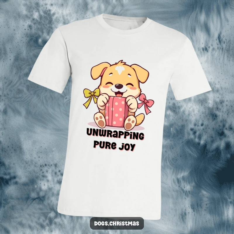 Funny Unwrapping Dog T-Shirt: An illustration of a dog gleefully using its paws to open a gift, full of joy.