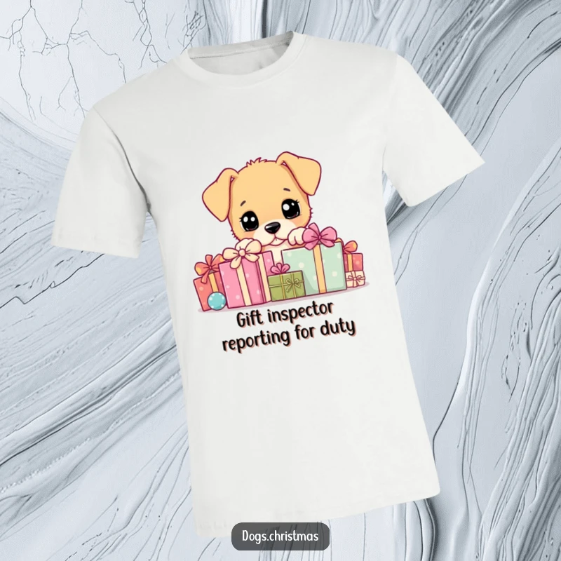 Funny T-Shirt: Adorable puppy peeking curiously from behind a large pile of colorful gift boxes, expressing playful excitement.