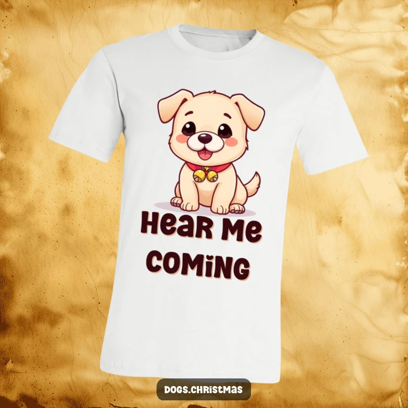 Funny t-shirt featuring a charming dog wearing small jingle bells on its collar, radiating playful energy.