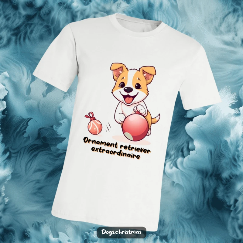 Funny Dog T-Shirt: A determined dog joyfully pursues a rolling Christmas ornament, showcasing playful holiday enthusiasm and a love for festive fun.