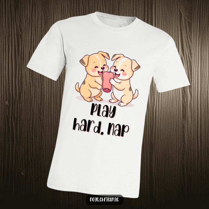 Funny Dog T-Shirt with two cute kawaii dogs playfully wrestling over a chew toy, great for casual wear and dog enthusiasts.