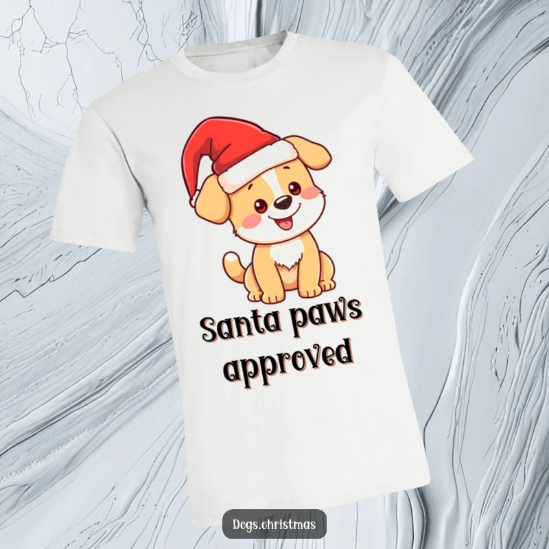 Funny kawaii Christmas dog in a Santa hat, wagging tail graphic tee, festive apparel, ideal funny gift.