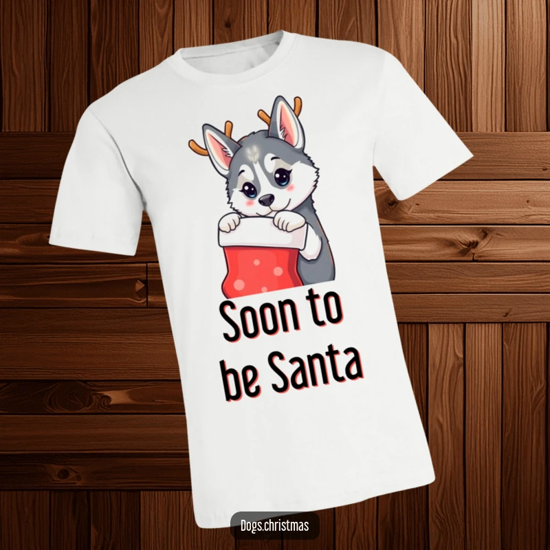 Funny t-shirt featuring a husky dog adorned with reindeer antlers, looking with curiosity at a Christmas stocking, full of holiday spirit.