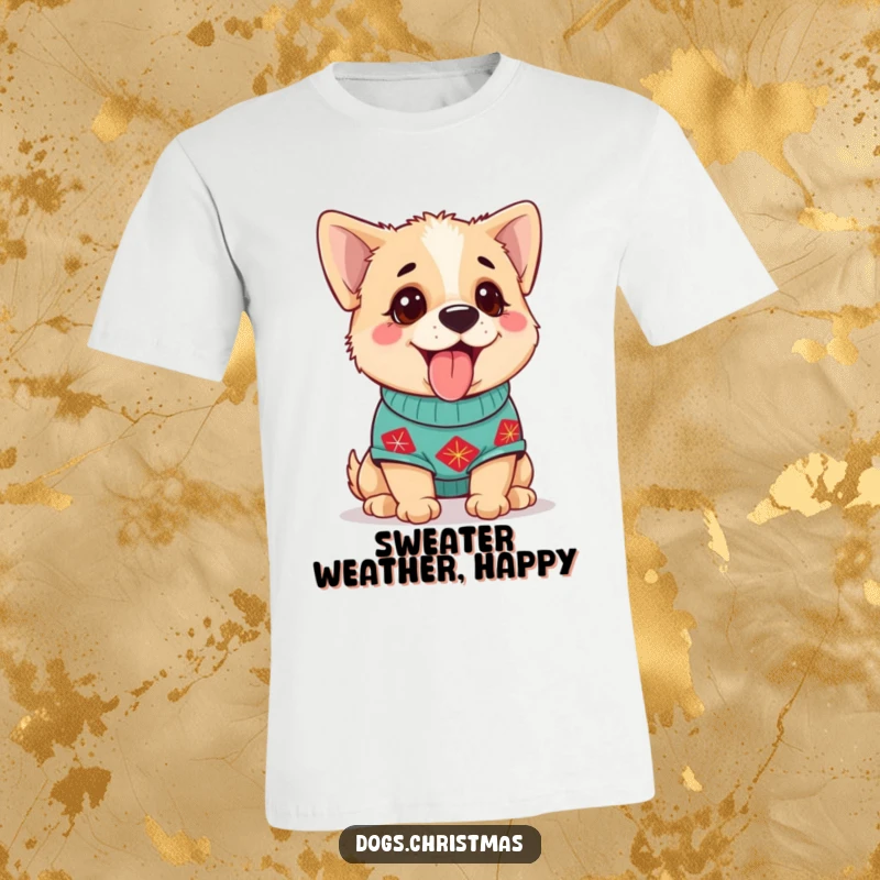 Funny Dog T-Shirt with a cute dog in a festive sweater, panting happily with holiday cheer.