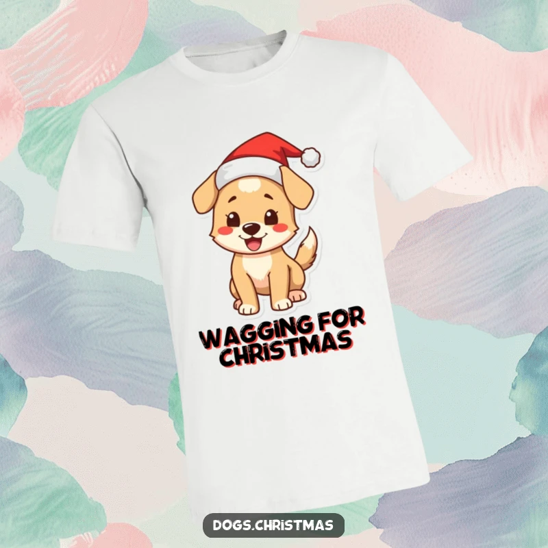 Funny Christmas Dog T-Shirt: An excited dog with a wagging tail wears a Santa hat, embodying holiday fun.