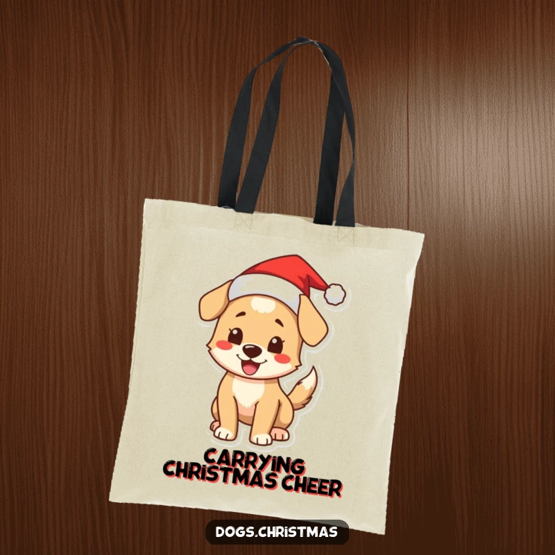 Funny Christmas Dog Tote Bag: A festive tote featuring an excited dog wearing a Santa hat and wagging its tail.