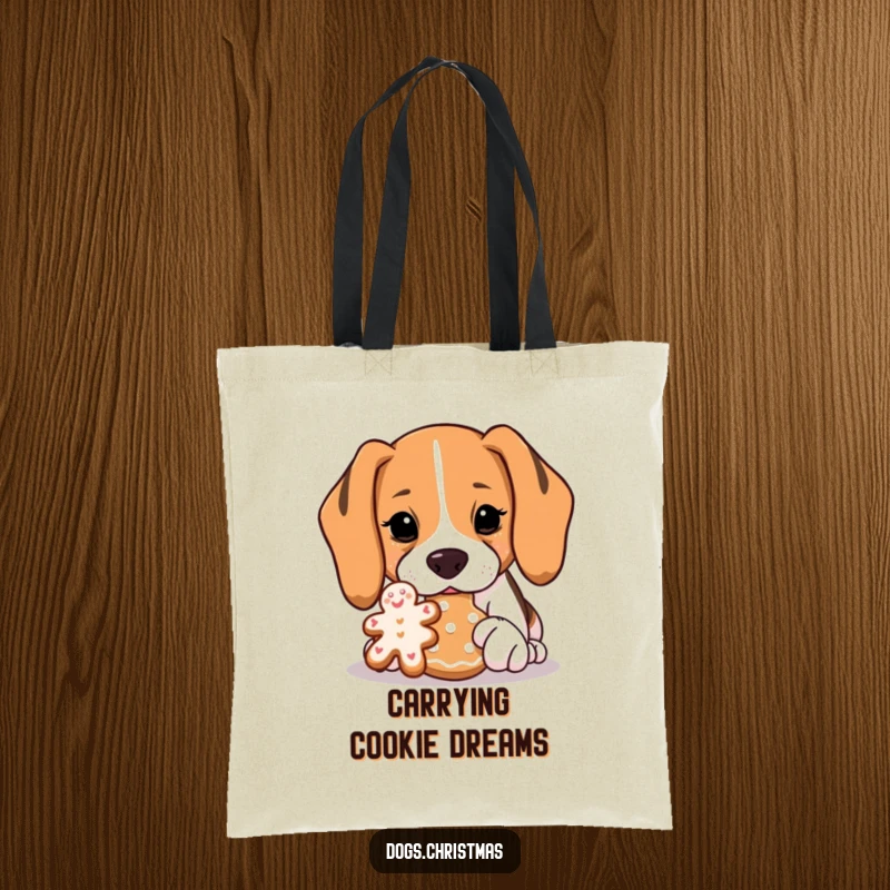 Funny Beagle Tote Bag: A beagle sniffs a gingerbread cookie with great interest, a humorous and stylish bag for essentials.