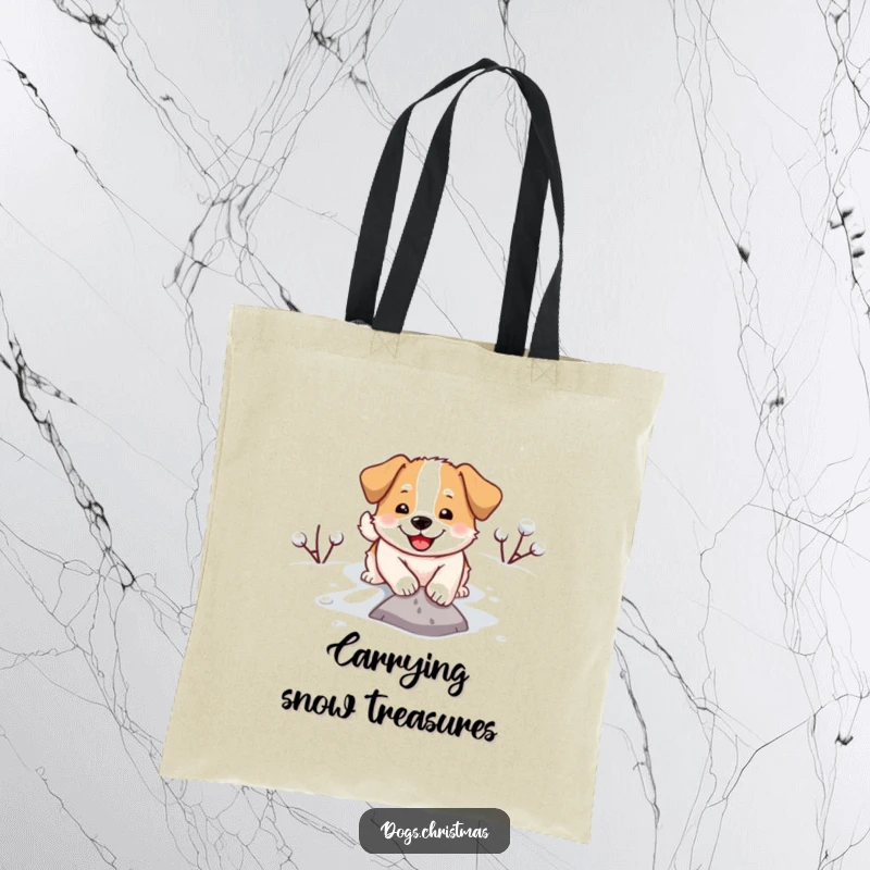 Funny tote bag with a cheerful dog digging happily in the snow, perfect for carrying groceries or smiles.