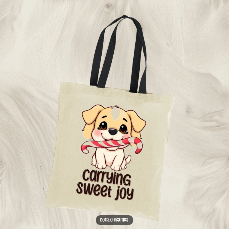 Funny Dog Tote Bag: A charming tote bag showing a happy dog smiling with a candy cane in its mouth, perfect for holidays.