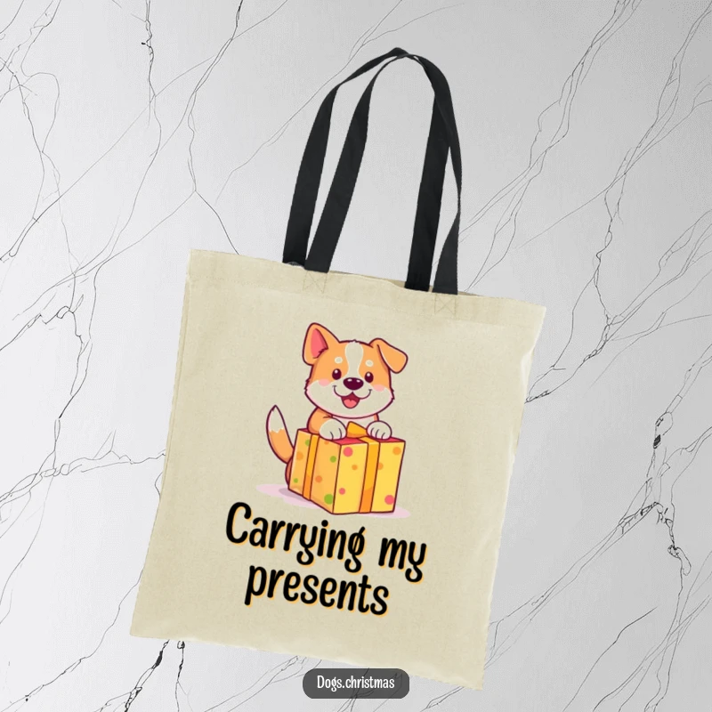 Funny dog tote bag, cute wagging tail, unwrapping a brightly colored gift with excitement, practical and joyful.