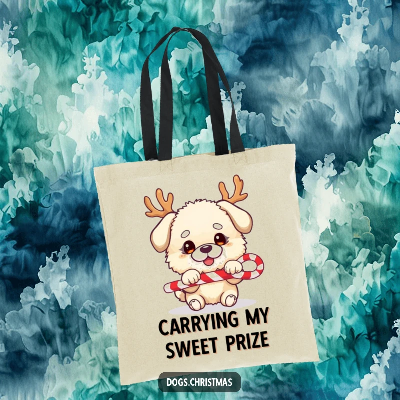 Funny dog tote bag, fluffy character, festive antlers, tug-of-war with candy cane, practical and humorous.