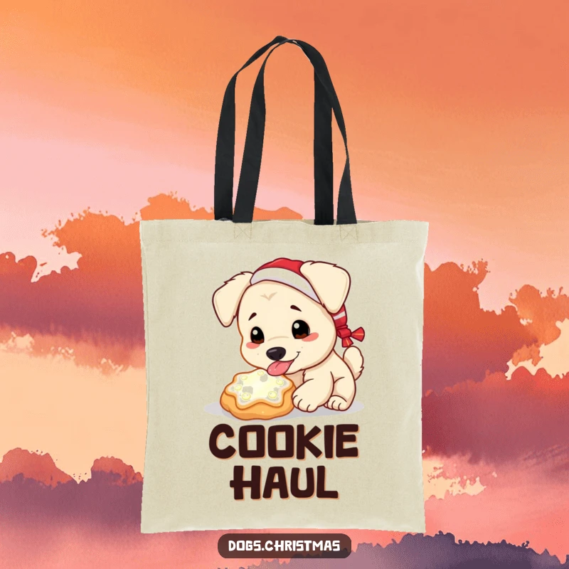 Funny Kawaii Dog Tote Bag: A dog licks a glowing Christmas cookie, bringing funny holiday magic to your everyday carry.
