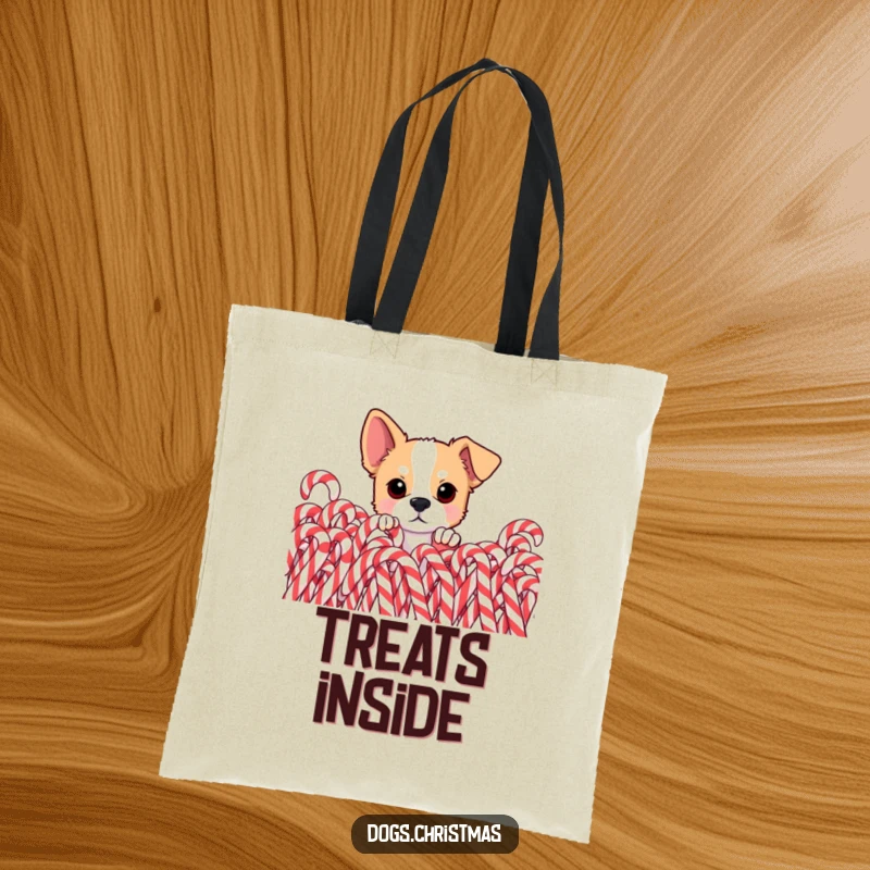 Funny dog tote bag, curious dog peeking from behind pile of candy canes, eyes wide, perfect for carrying treats and holiday items.