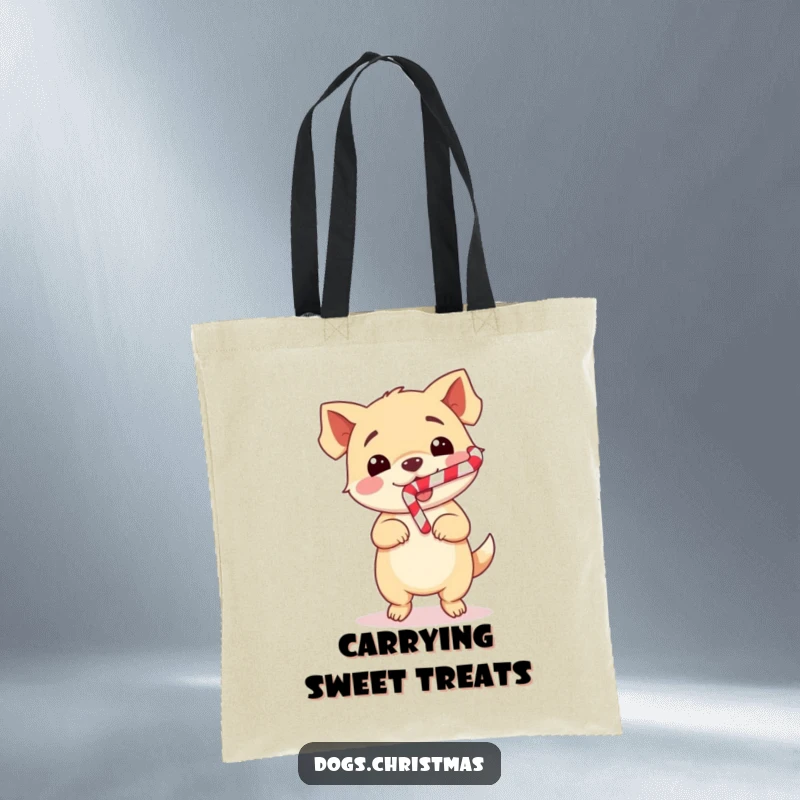 Funny Dog Tote Bag showcasing a kawaii dog doing a happy dance with a candy cane, perfect for holiday errands and cheer.