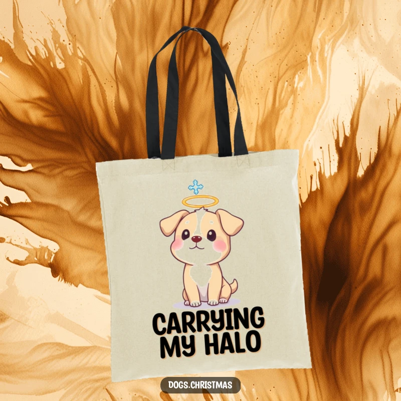 Funny Dog Halo Tote Bag depicting a surprised dog with a halo and a snowflake, a whimsical accessory.