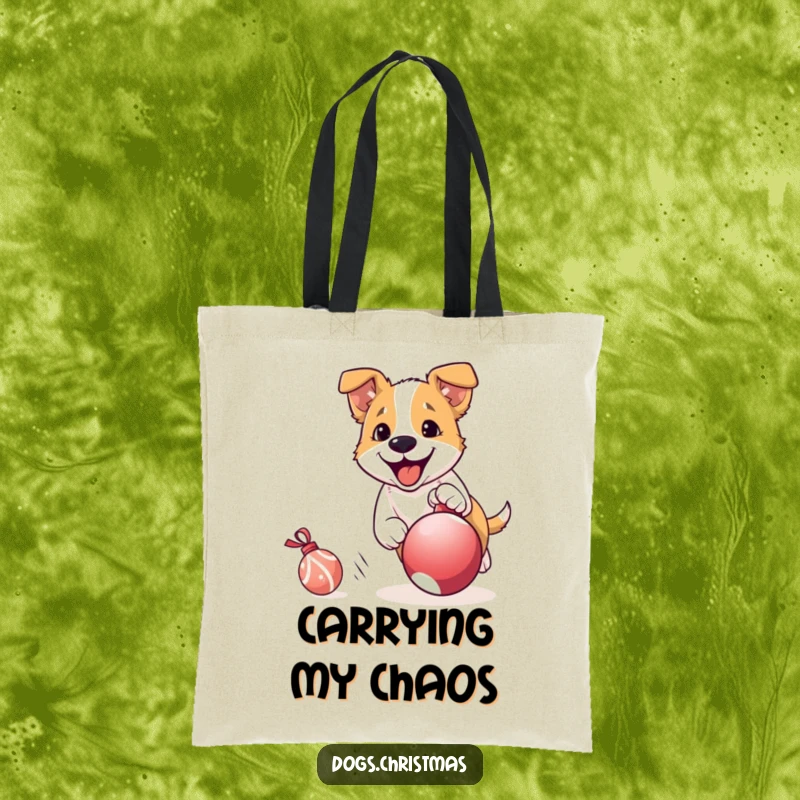 Funny Dog Tote Bag: A cheerful dog enthusiastically chases a rolling Christmas ornament, highlighting holiday excitement and playful, energetic joy.