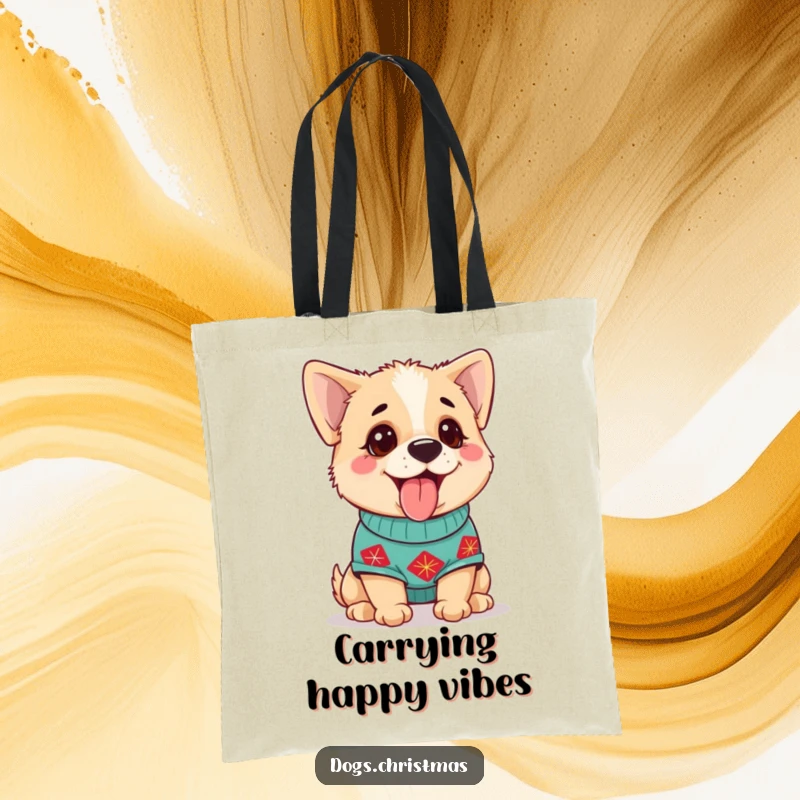 Funny Dog Tote Bag with a cute dog in a festive sweater, panting happily, perfect for everyday use.