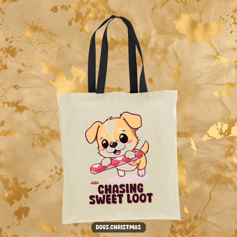 Funny tote bag showing a small dog excitedly chasing a rolling candy cane, ideal for holiday shopping.