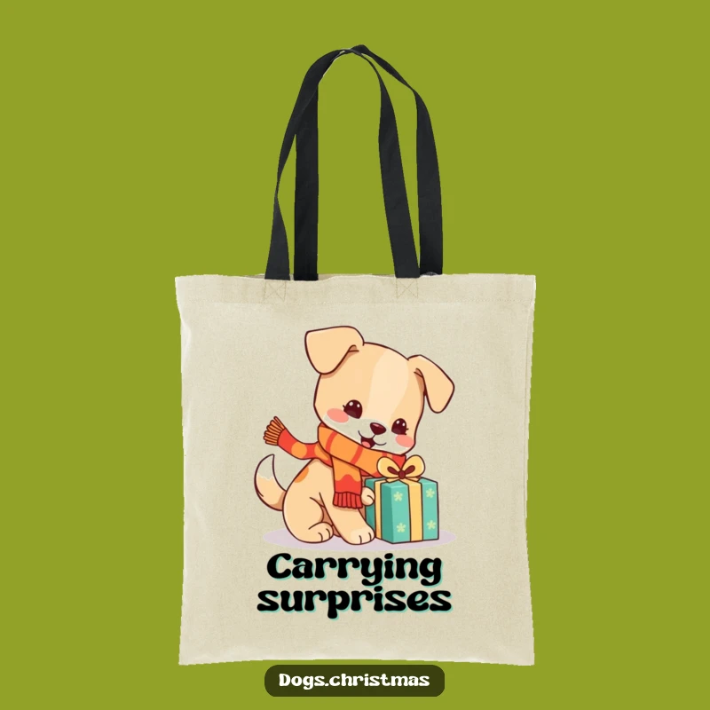 Funny Festive Dog Tote Bag, Kawaii Scarf Pup, Stylish Holiday Gift