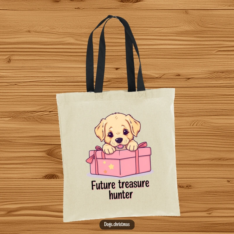 Funny tote bag with a golden retriever puppy leaping onto a wrapped gift, showcasing energetic playfulness and holiday cheer.