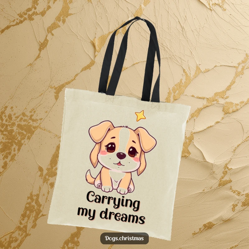 Funny tote bag with a dog gazing hopefully at a star, perfect for carrying dreams and necessities.