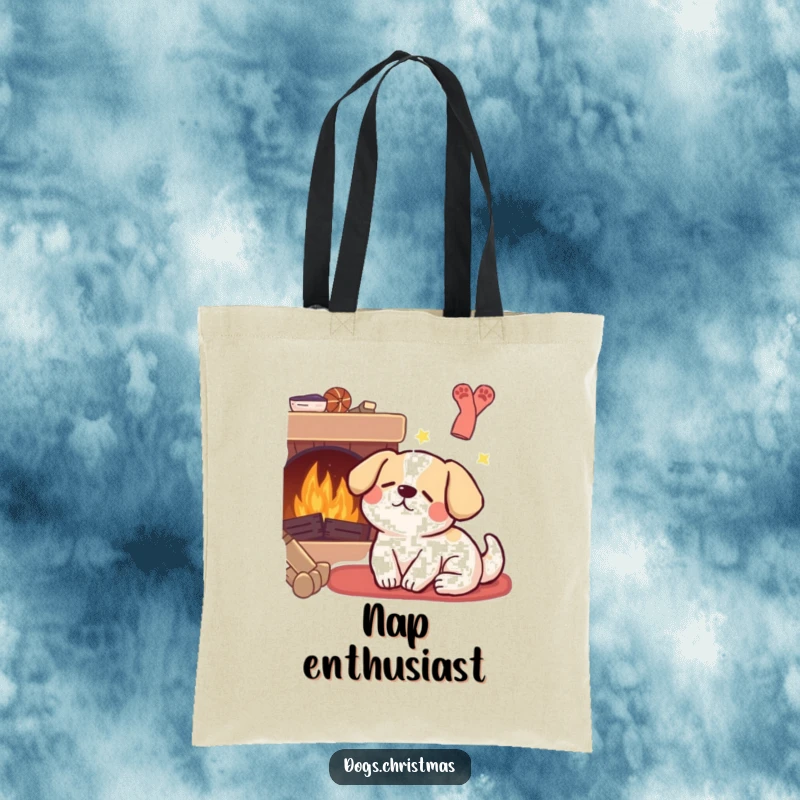 Funny Kawaii Dog Tote Bag: A cute dog sleeps soundly near a hearth, dreaming contentedly, perfect for carrying your daily necessities humorously.