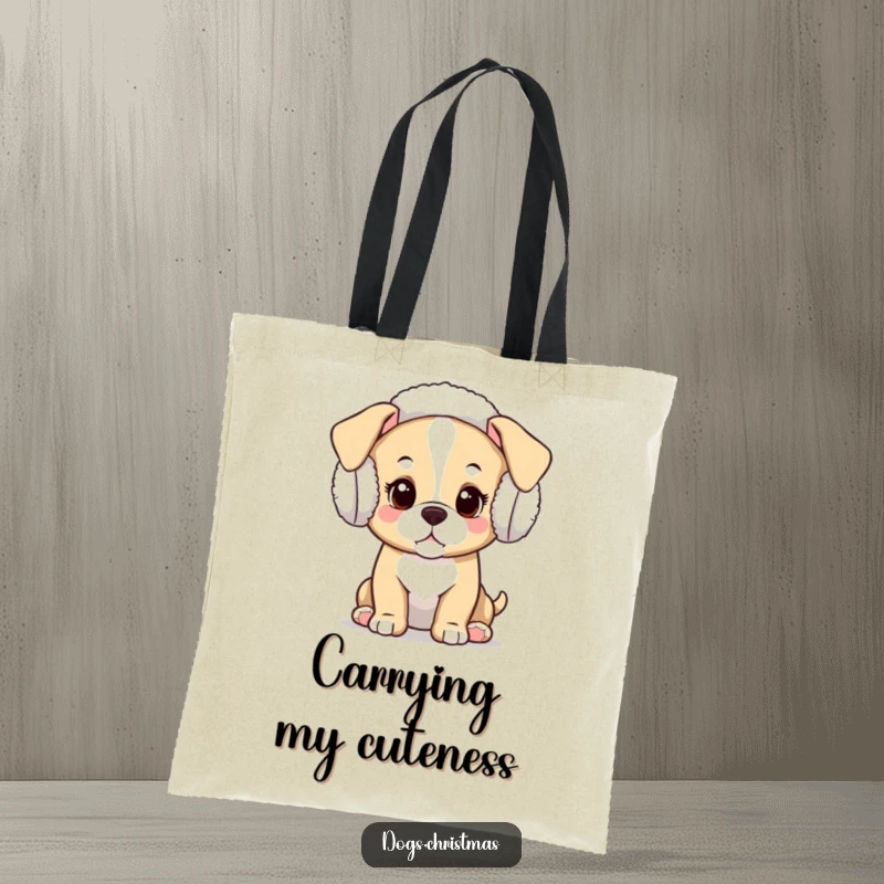 Funny Kawaii Puppy Tote Bag: A charming tote featuring a curious kawaii puppy wearing festive earmuffs, perfect for everyday use.