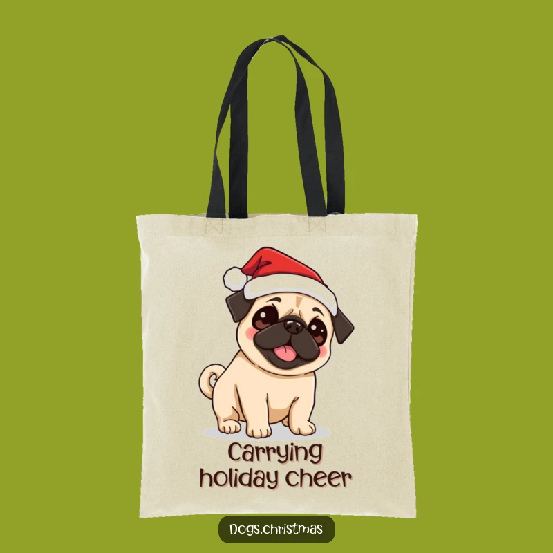 Funny Pug Santa Tote Bag: Excited Tail Wagging Dog Accessory for Festive Errands