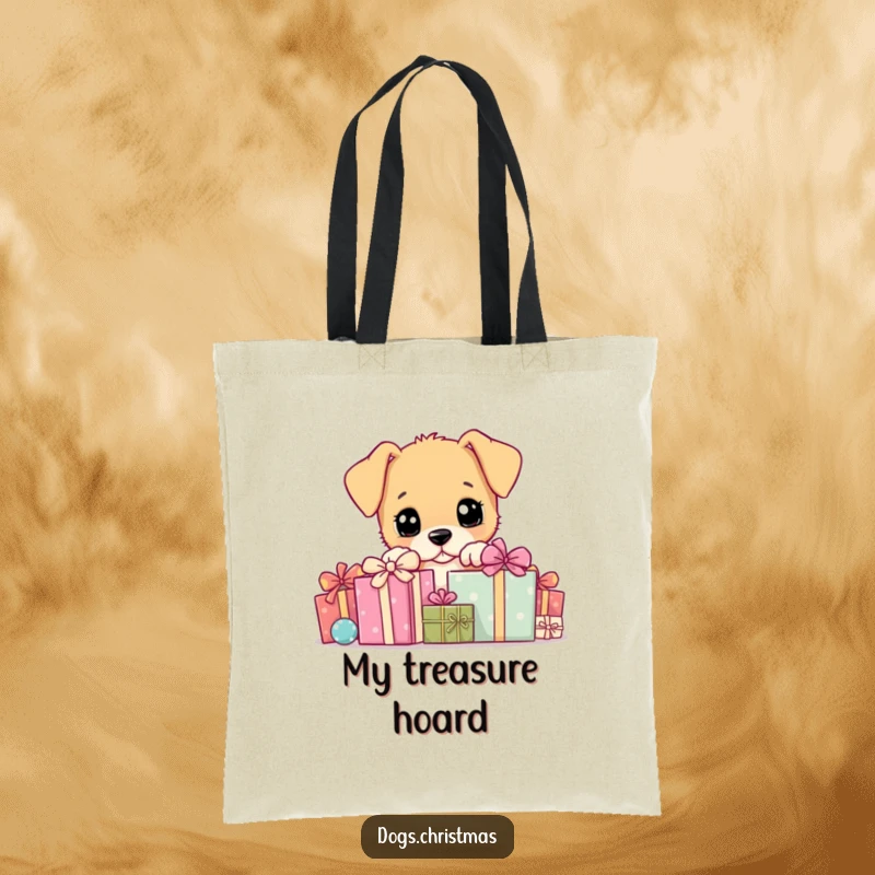 Funny Tote Bag: Energetic puppy peeking from behind a pile of assorted gift boxes, ready for an adventure.