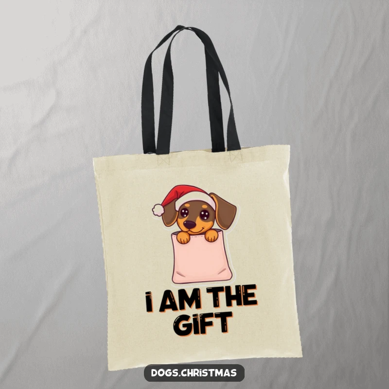 Funny Dachshund Tote Bag: A dachshund in a Santa hat peeks from a gift bag, a humorous and festive accessory for everyday use.