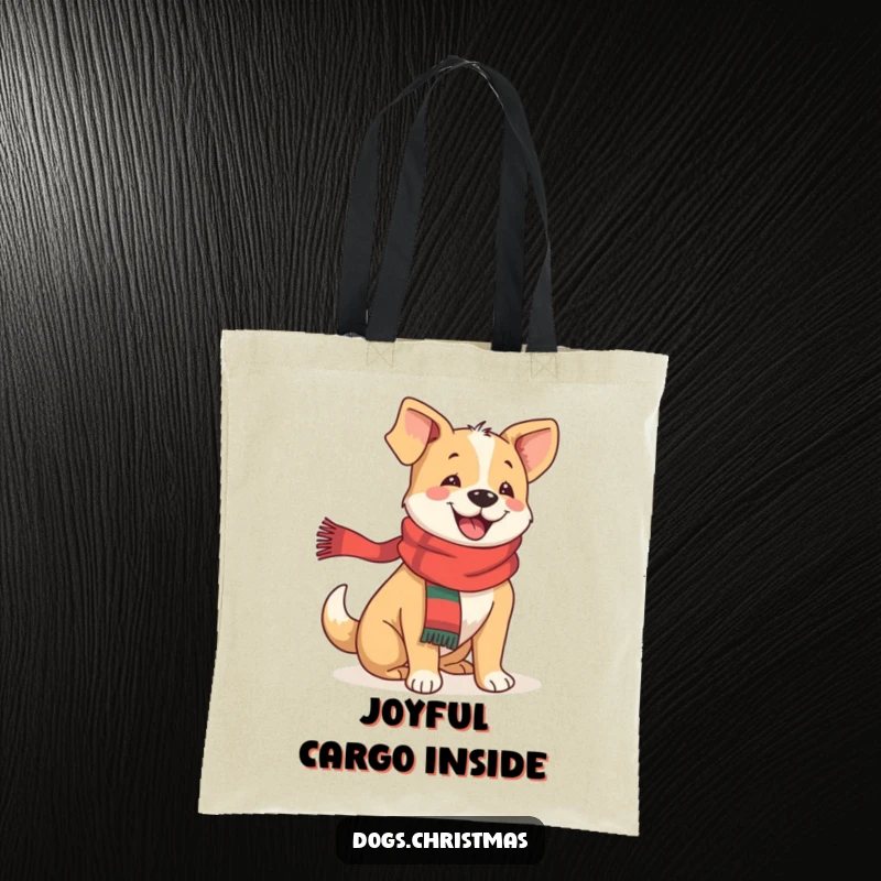 Funny festive dog tote bag showing a happy dog in a scarf, tail wagging with pure joy, perfect for daily use.