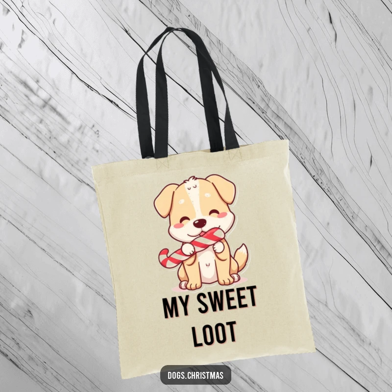 Funny Tote Bag: A dog cheerfully holding a candy cane in its mouth, tail wagging, embodying holiday sweetness.