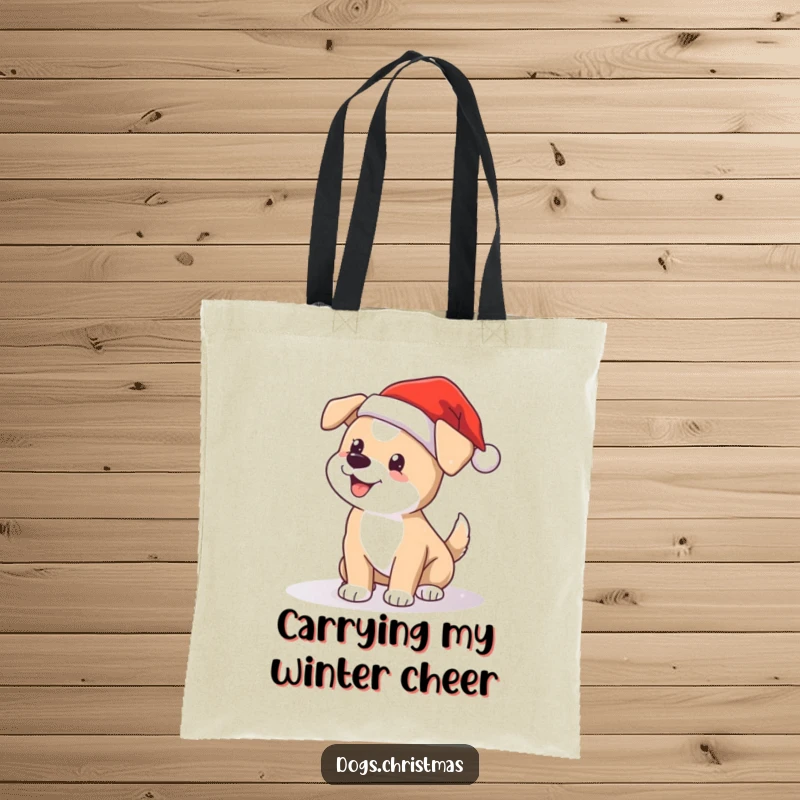 Funny Santa dog tote bag, cheerful wagging tail, falling snow, perfect for Christmas shopping and dog lovers.