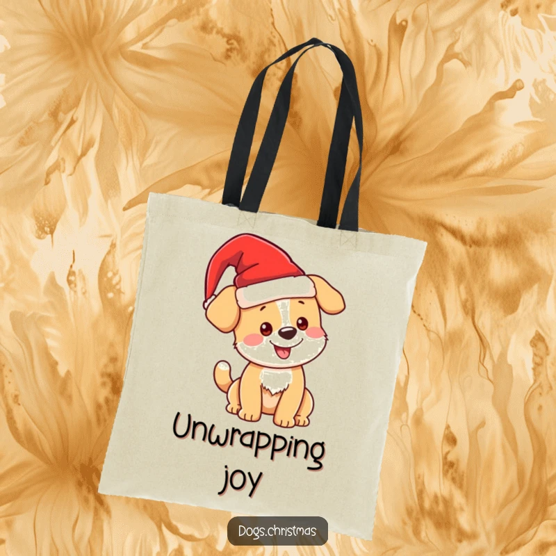Funny kawaii Christmas dog with Santa hat on a tote bag, festive holiday accessory, cute pup design, ideal funny gift.